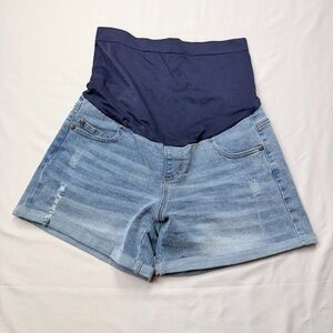 Light Wash Denim Maternity Shorts with Navy Support Panel